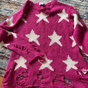 Girls long sleeve distressed knit sweater with stars